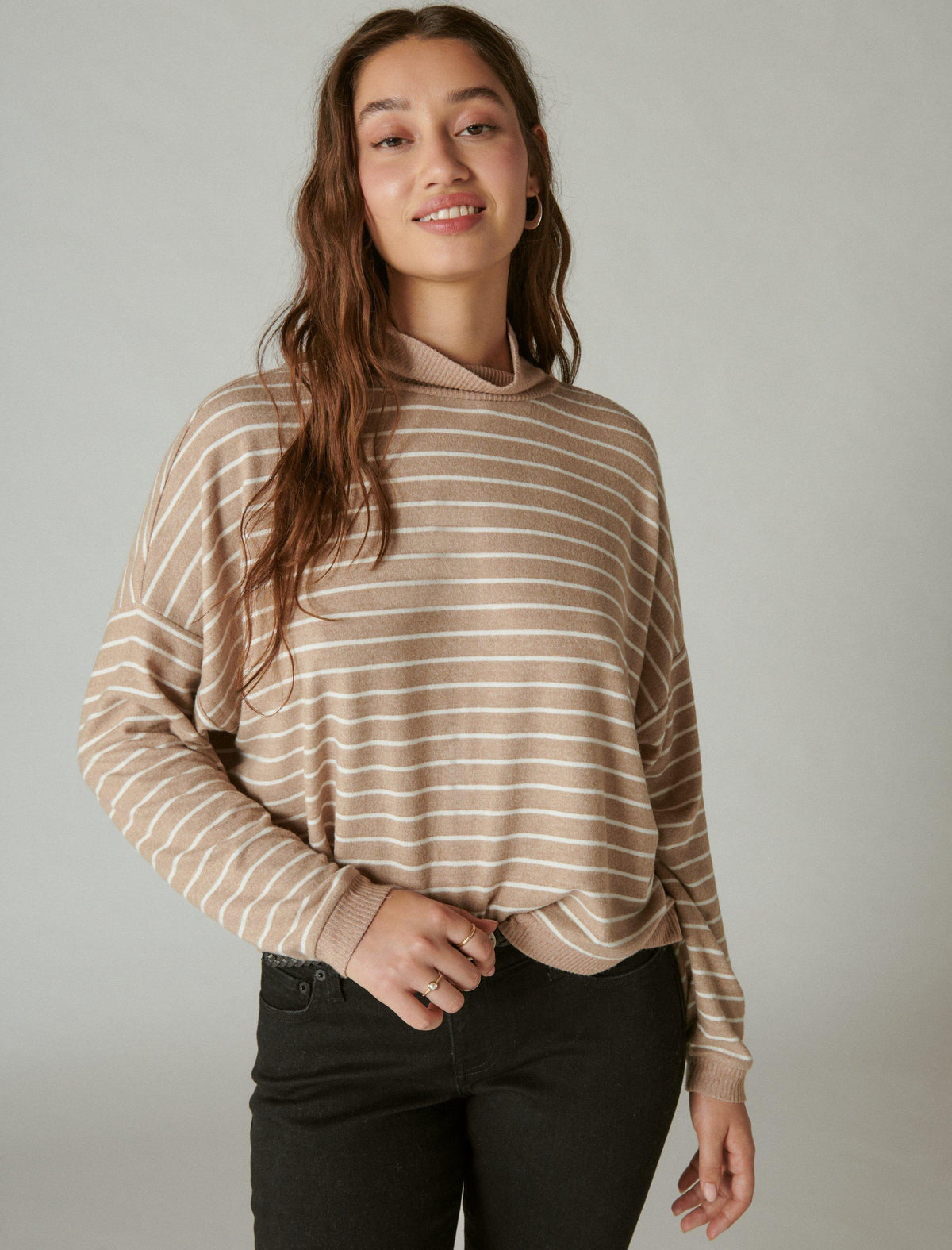 Lucky Brand Cloud Jersey Mock Neck Top - Women's Clothing Tops Tees Shirts Neutral Combo