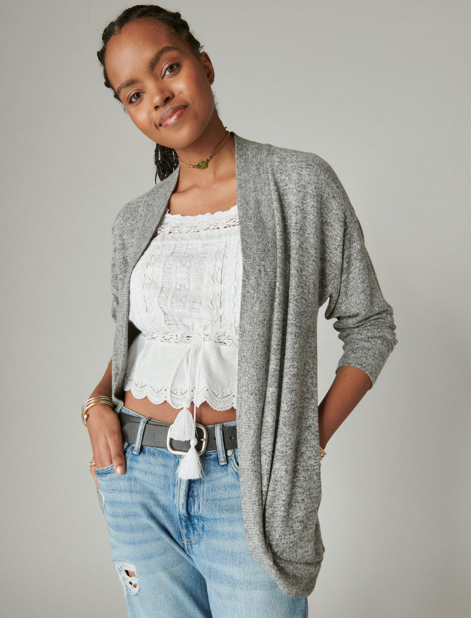 Lucky Brand Cloud Jersey Shawl Collar Cardigan - Women's Clothing Tops Sweaters Medium Heather Gray