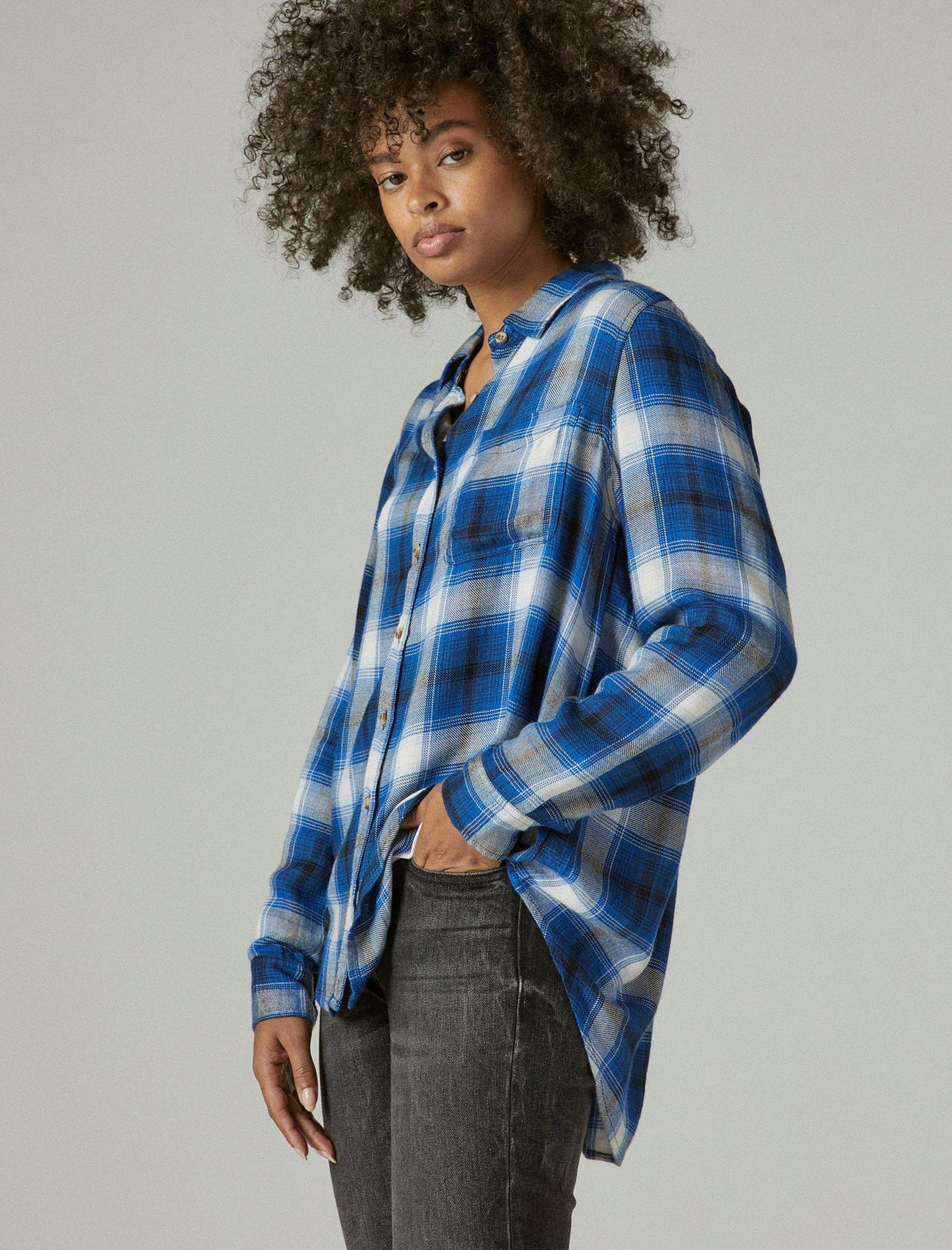 Lucky Brand Cloud Plaid Boyfriend Button Up Shirt Cobalt Plaid