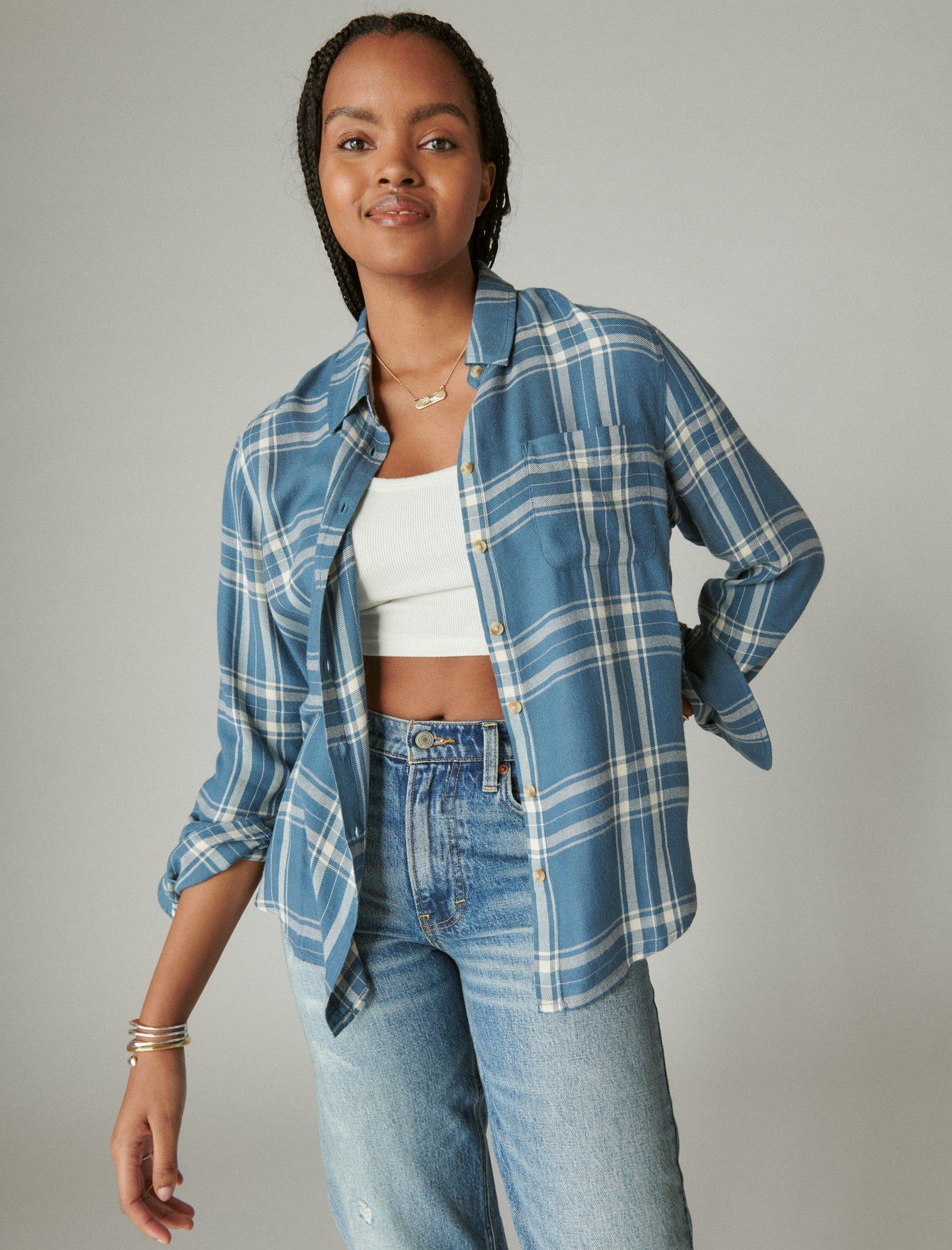 Lucky Brand Cloud Plaid Boyfriend Shirt Real Teal Plaid