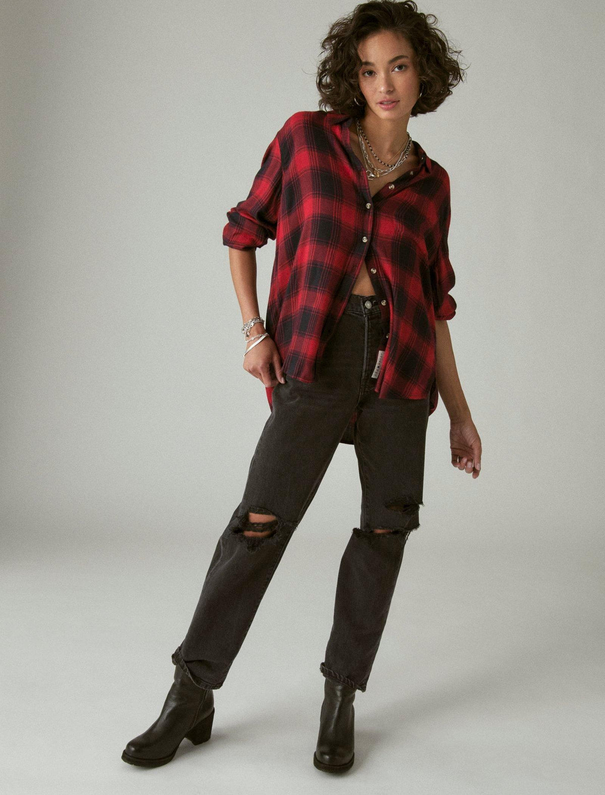 Lucky Brand Cloud Plaid Boyfriend Shirt Red Black Plaid