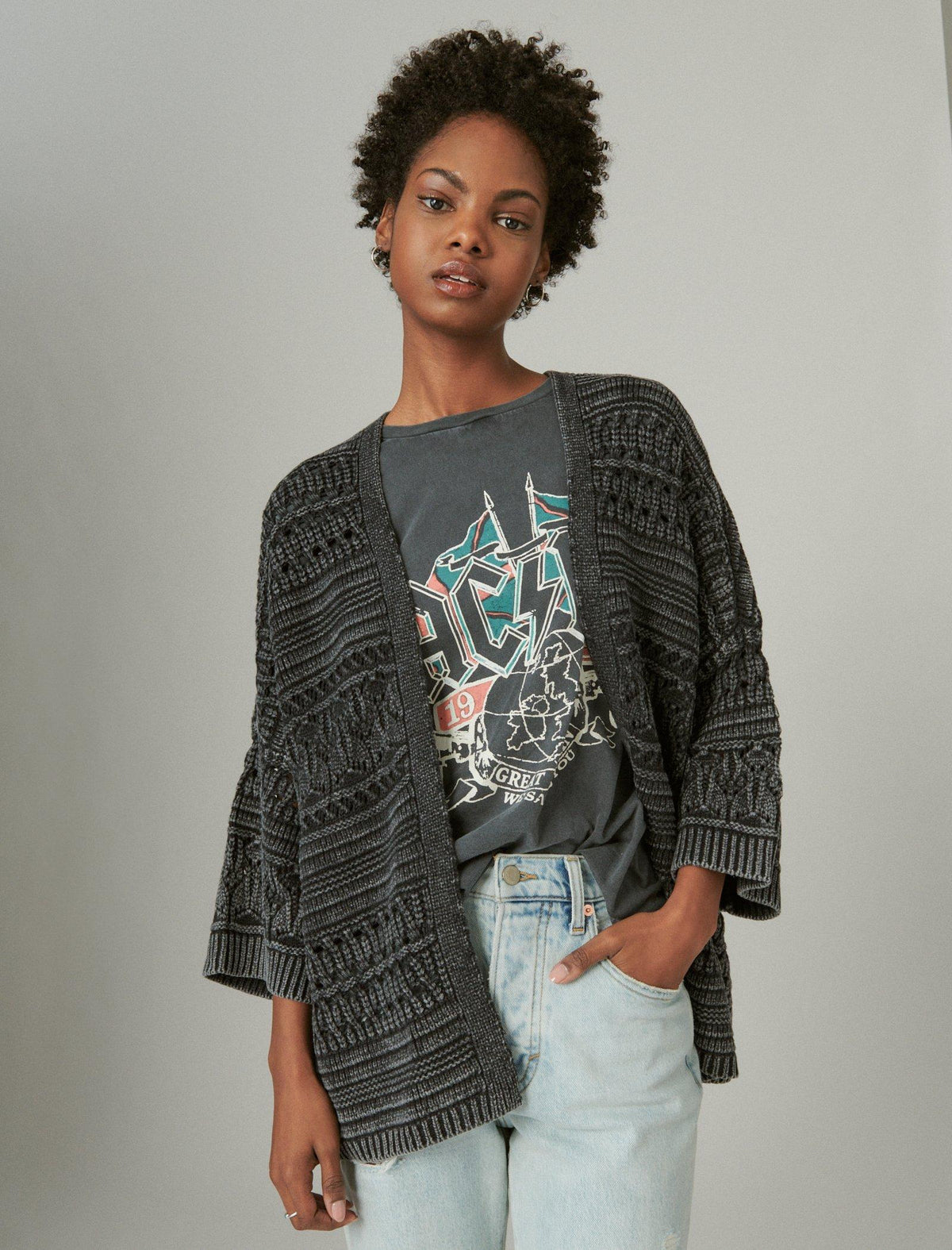 Lucky Brand Crochet Cardigan Dark Blk Acid Wash