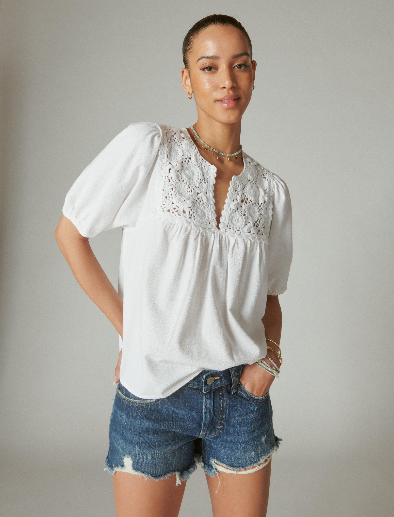 Lucky Brand Crochet Short Sleeve Peasant Top - Women's Clothing Peasant Tops Shirts Bright White