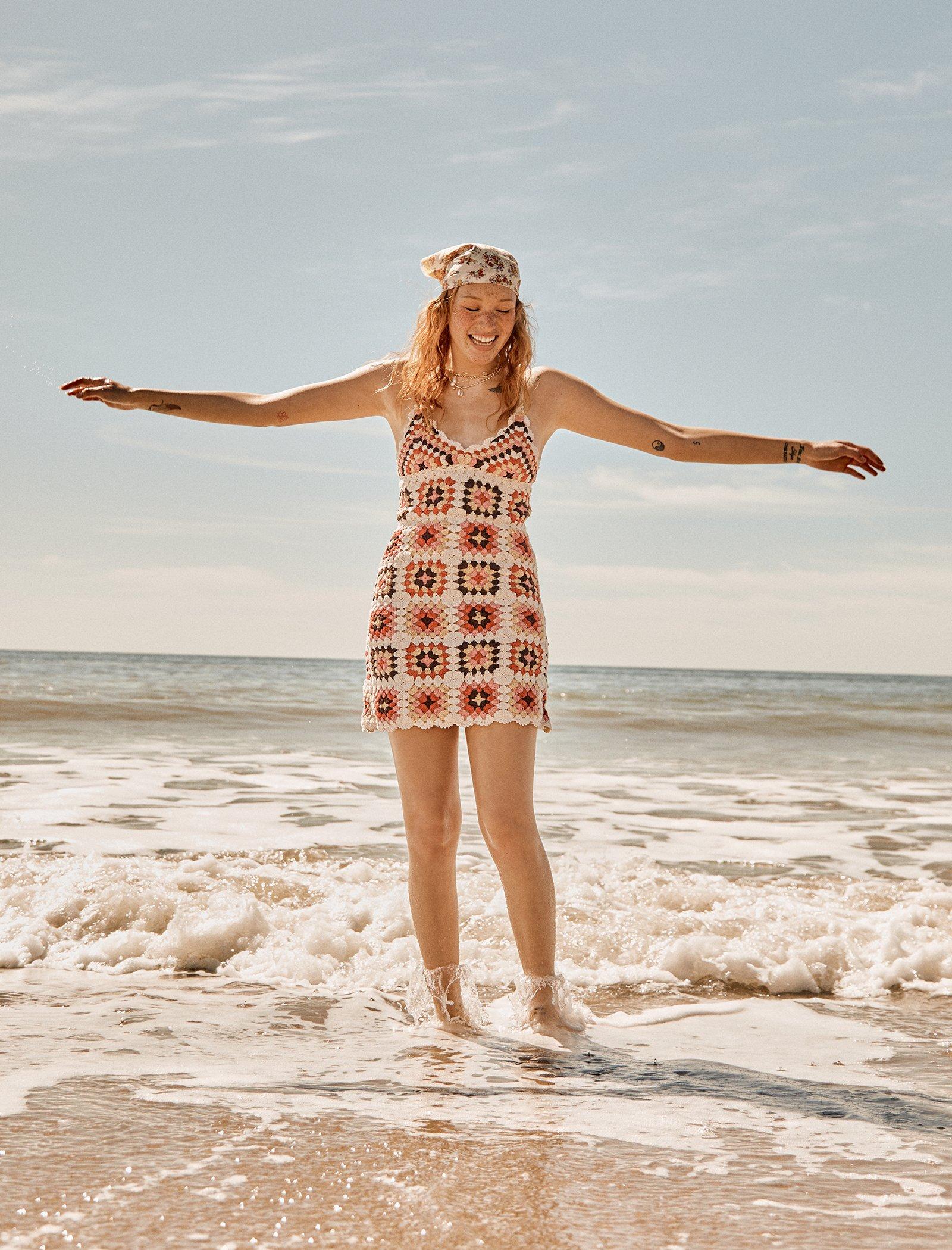 Lucky Brand Crochet Square Mini Dress Pink Granny Square