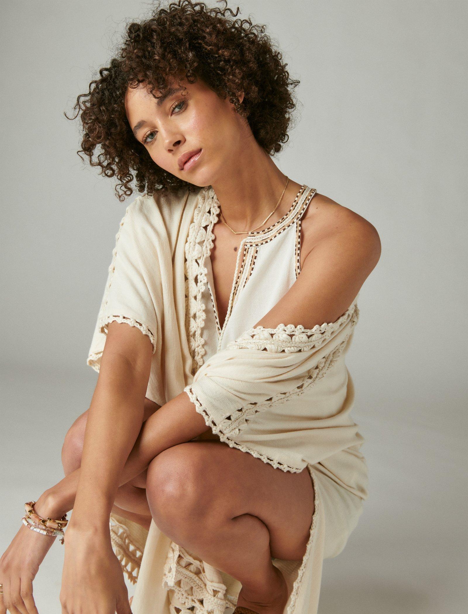 Lucky Brand Crochet Trim Kimono Cream