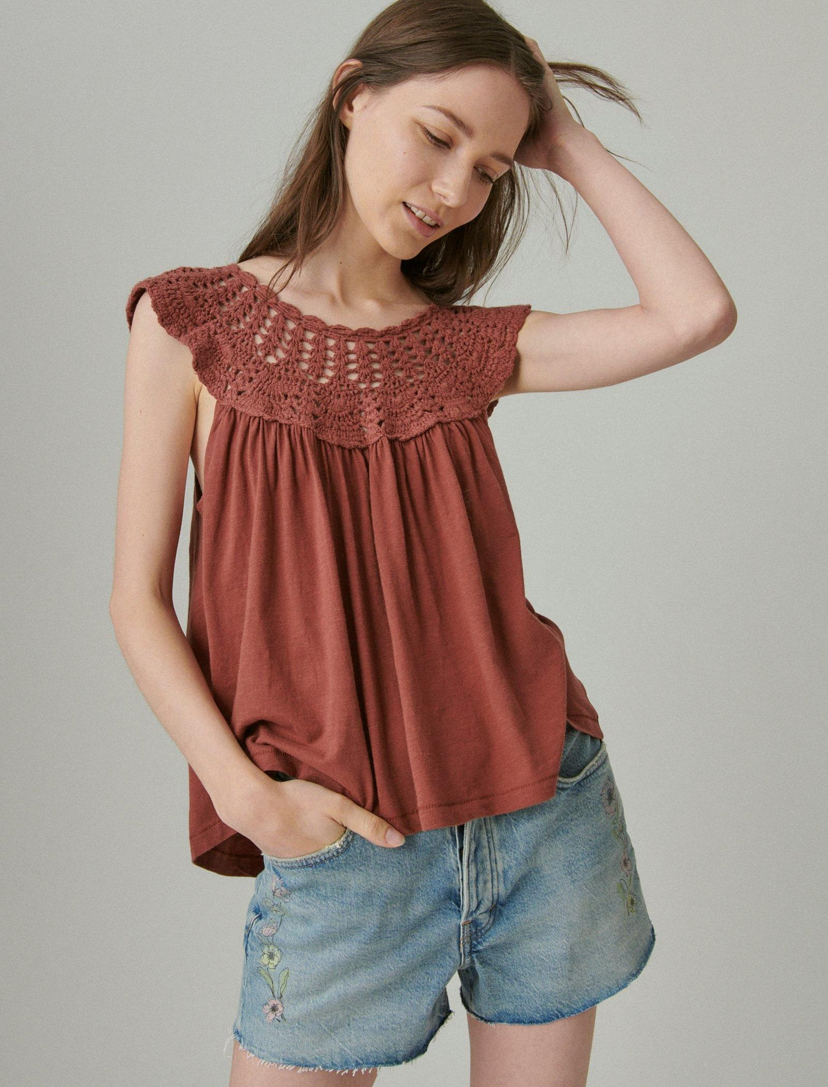 Lucky Brand Crochet Yoke Tee Smoked Paprika