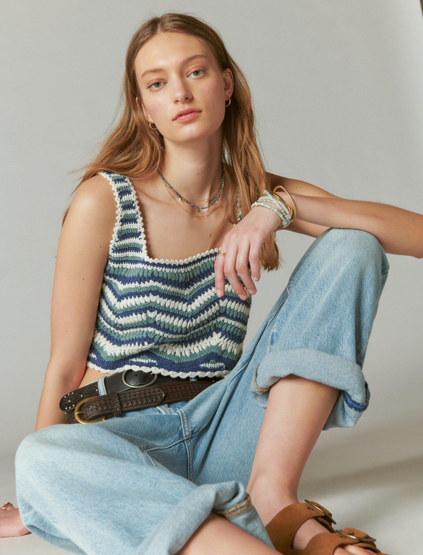 Lucky Brand Crochet Zig Zag Tank Blue Multi Stripe