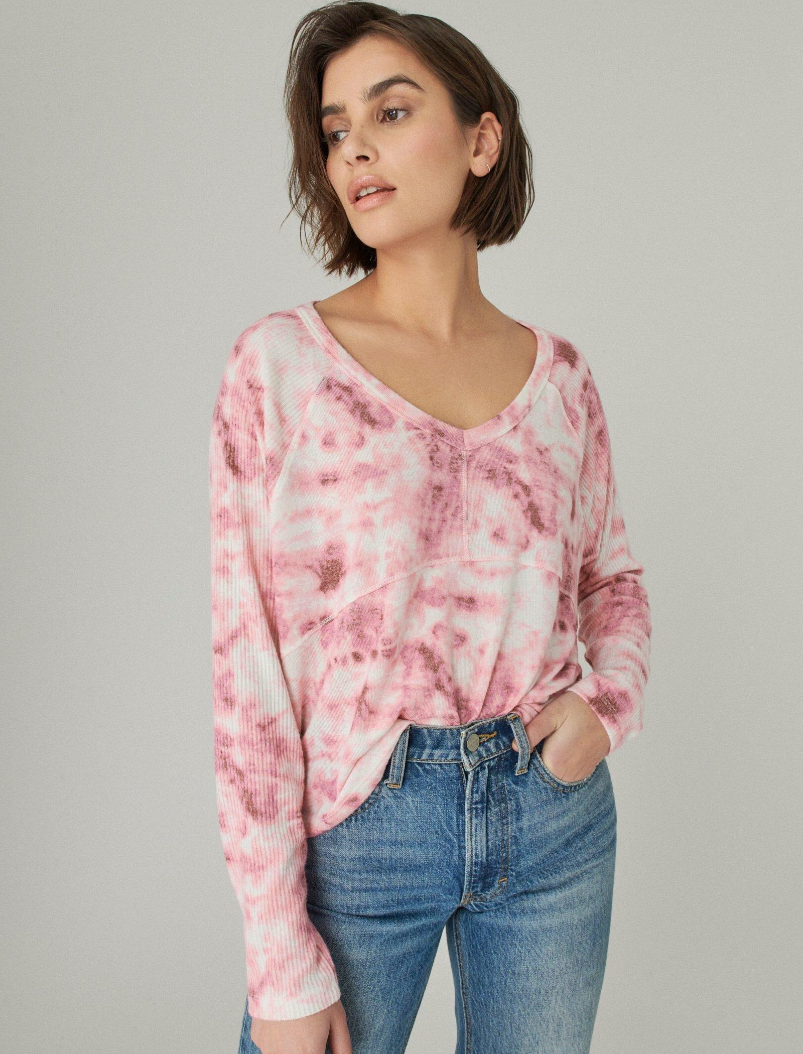 Lucky Brand Cropped Boxy Cloud Jersey Crew Pink Multi Print