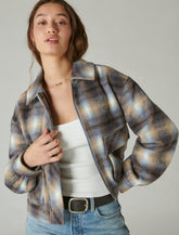 Lucky Brand Cropped Plaid Jacket - Women's Clothing Outerwear Jackets Coats Blue Multi Plaid