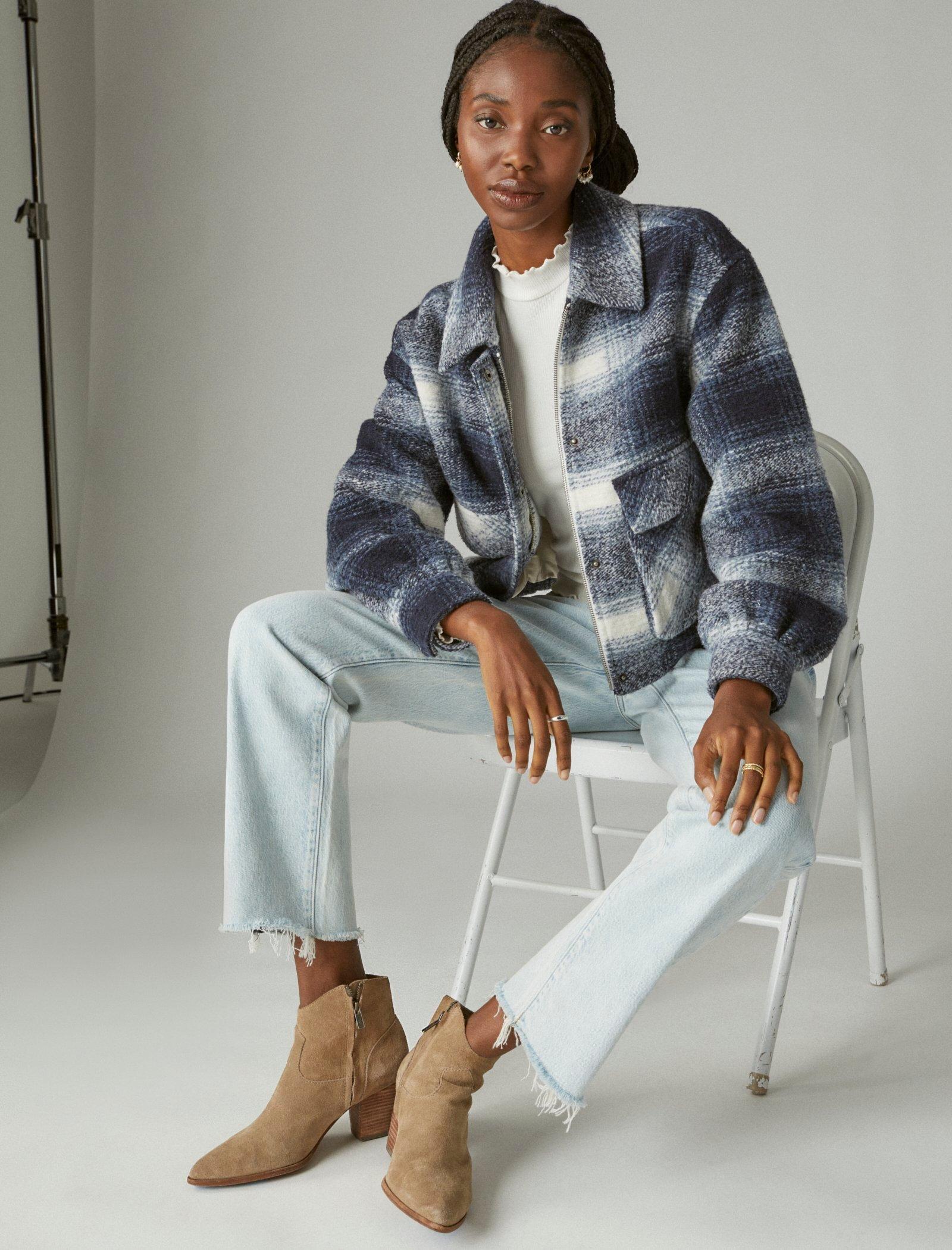 Lucky Brand Cropped Plaid Jacket Blue Multi