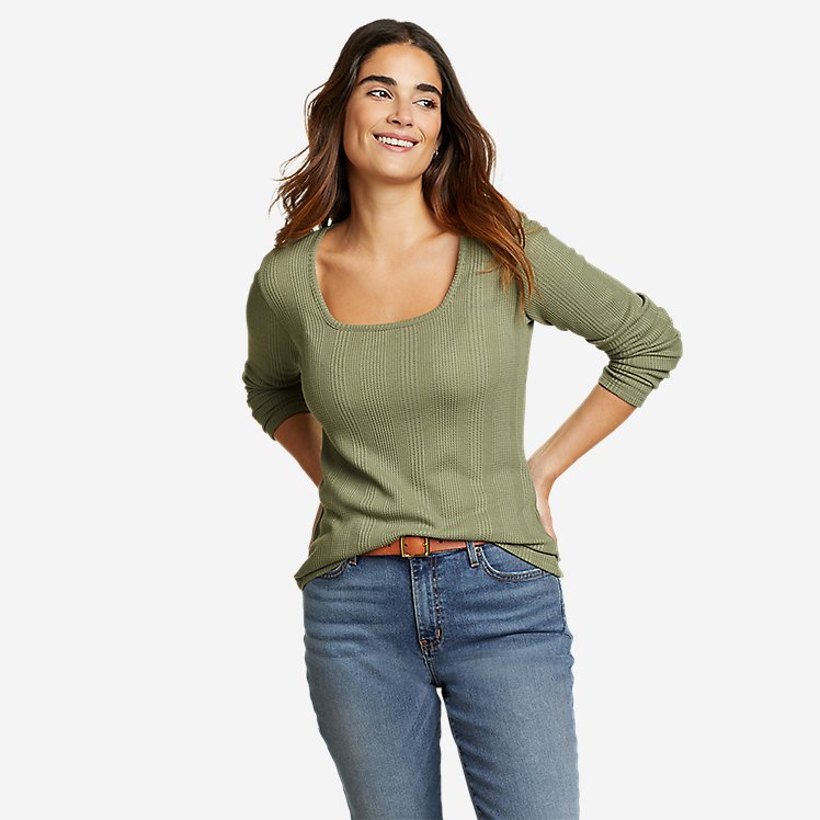 Eddie Bauer Women's Mountain Town Long-Sleeve Square Neck Textured T-Shirt - Green