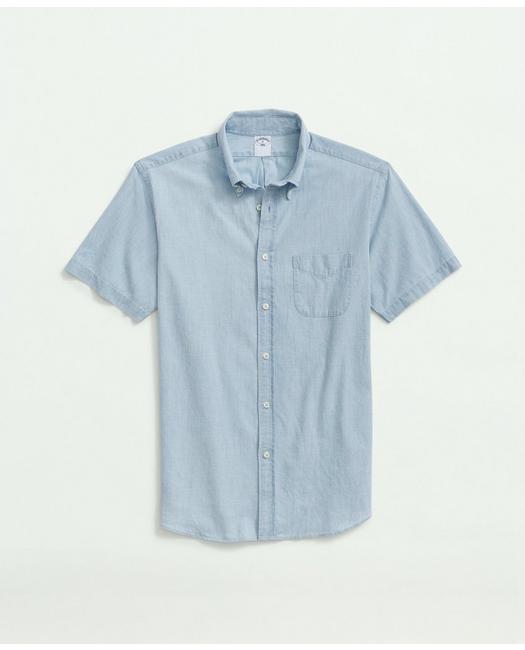 Brooks Brothers Men's Cotton Chambray Button-Down Collar Short-Sleeve Sport Shirt Light Blue