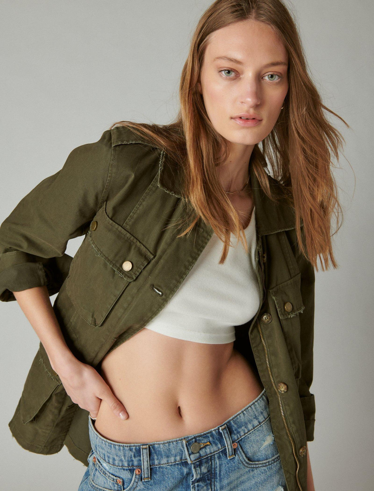 Lucky Brand Distressed Utility Jacket Open Green