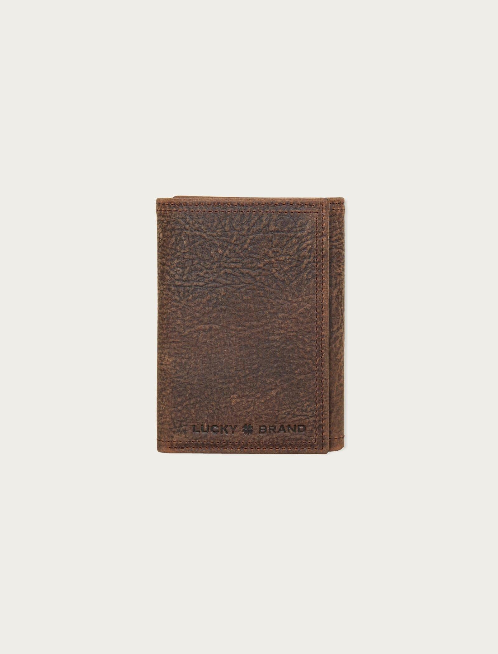 Lucky Brand Double Stitched Leather Trifold Wallet Dark Brown