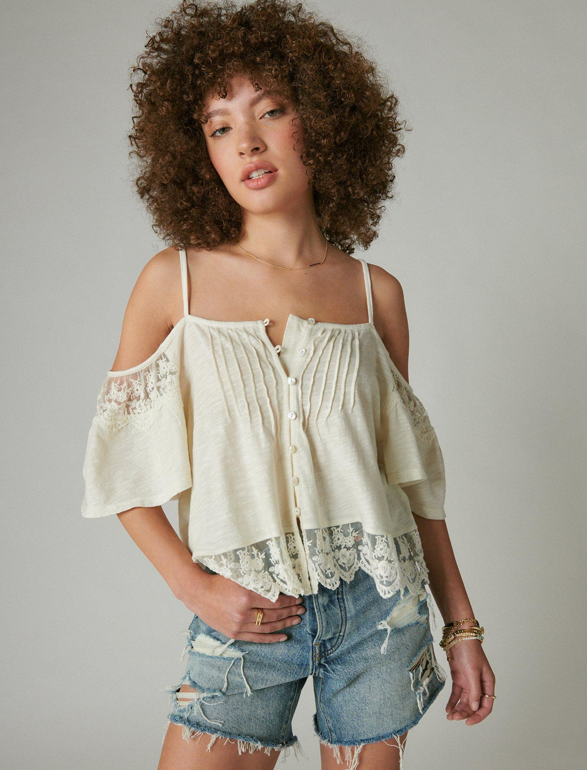 Lucky Brand Embroidered Lace Cold Shoulder Top Whisper White