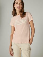 Lucky Brand Embroidered Lucky Script Classic Crew Tee Rose Cloud