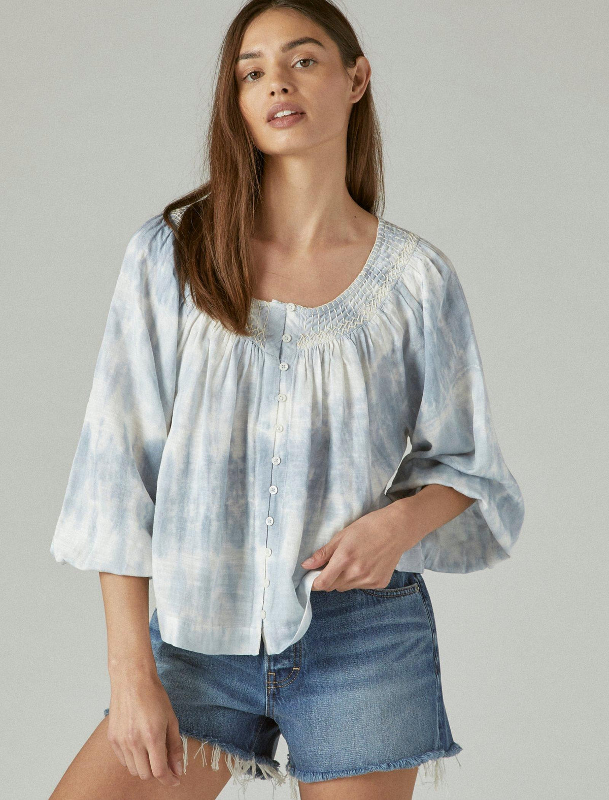 Lucky Brand Embroidered Peasant Blouse Blue Multi