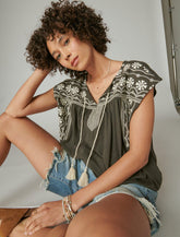 Lucky Brand Embroidered Peasant Tee Raven