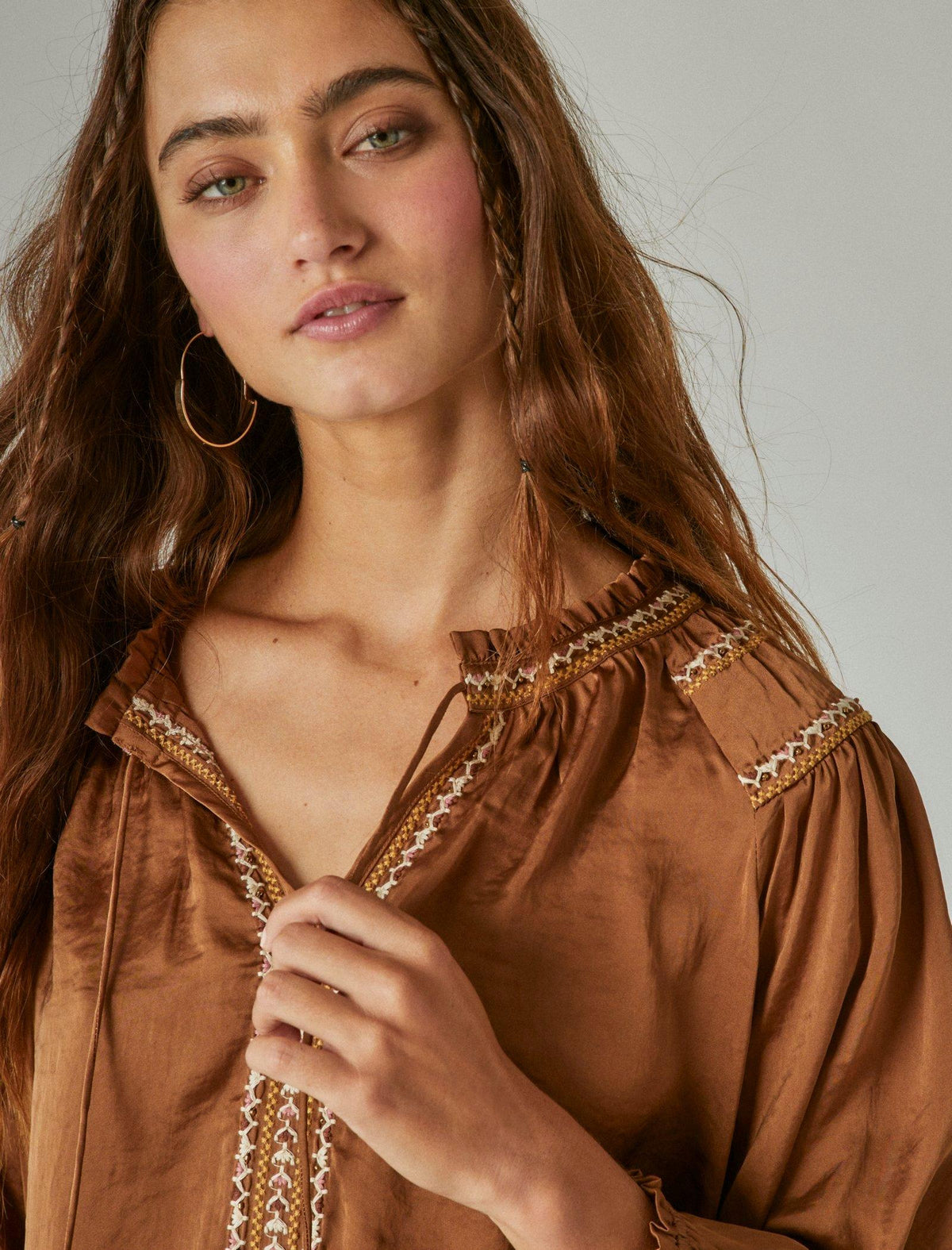 Lucky Brand Embroidered Satin Peasant Top Tapenade