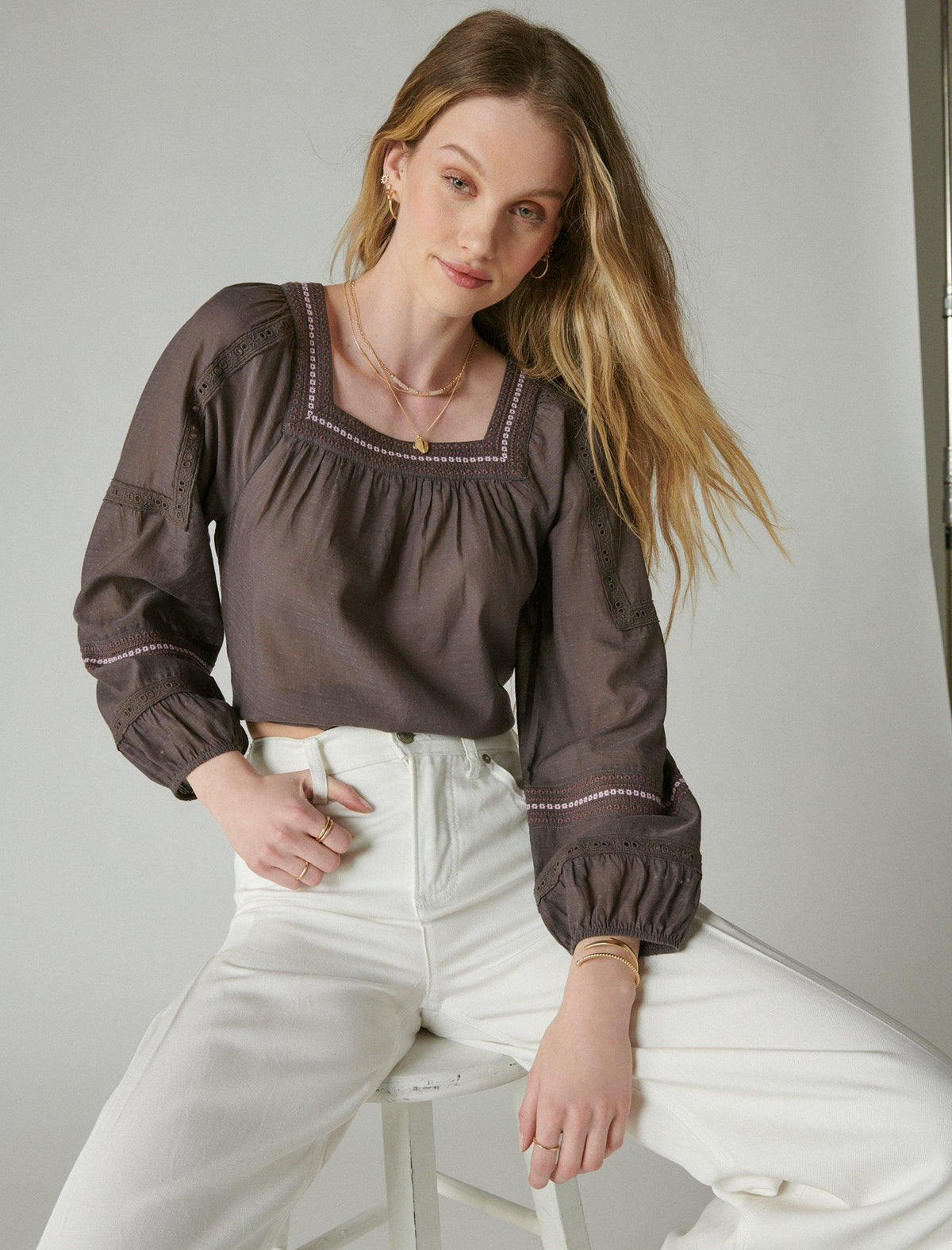 Lucky Brand Embroidered Square Neck Blouse Blackened Pearl