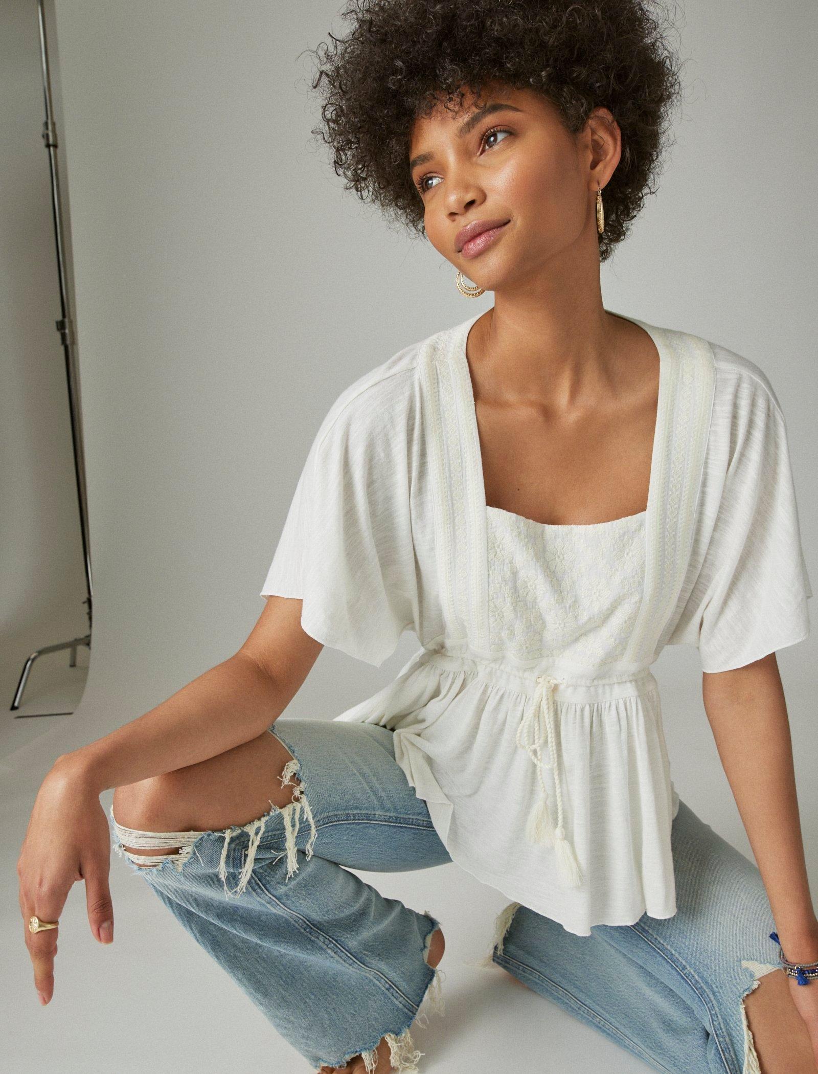 Lucky Brand Embroidered Square Neck Top Off White