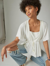 Lucky Brand Embroidered Square Neck Top Off White