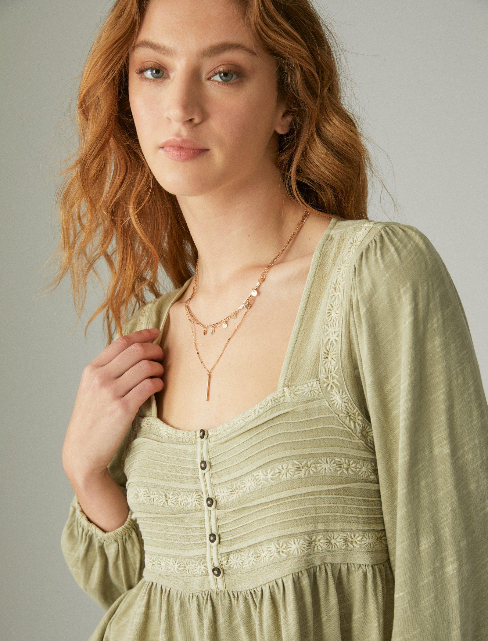 Lucky Brand Embroidered Yoke Long Sleeve Peasant Top Slate Green