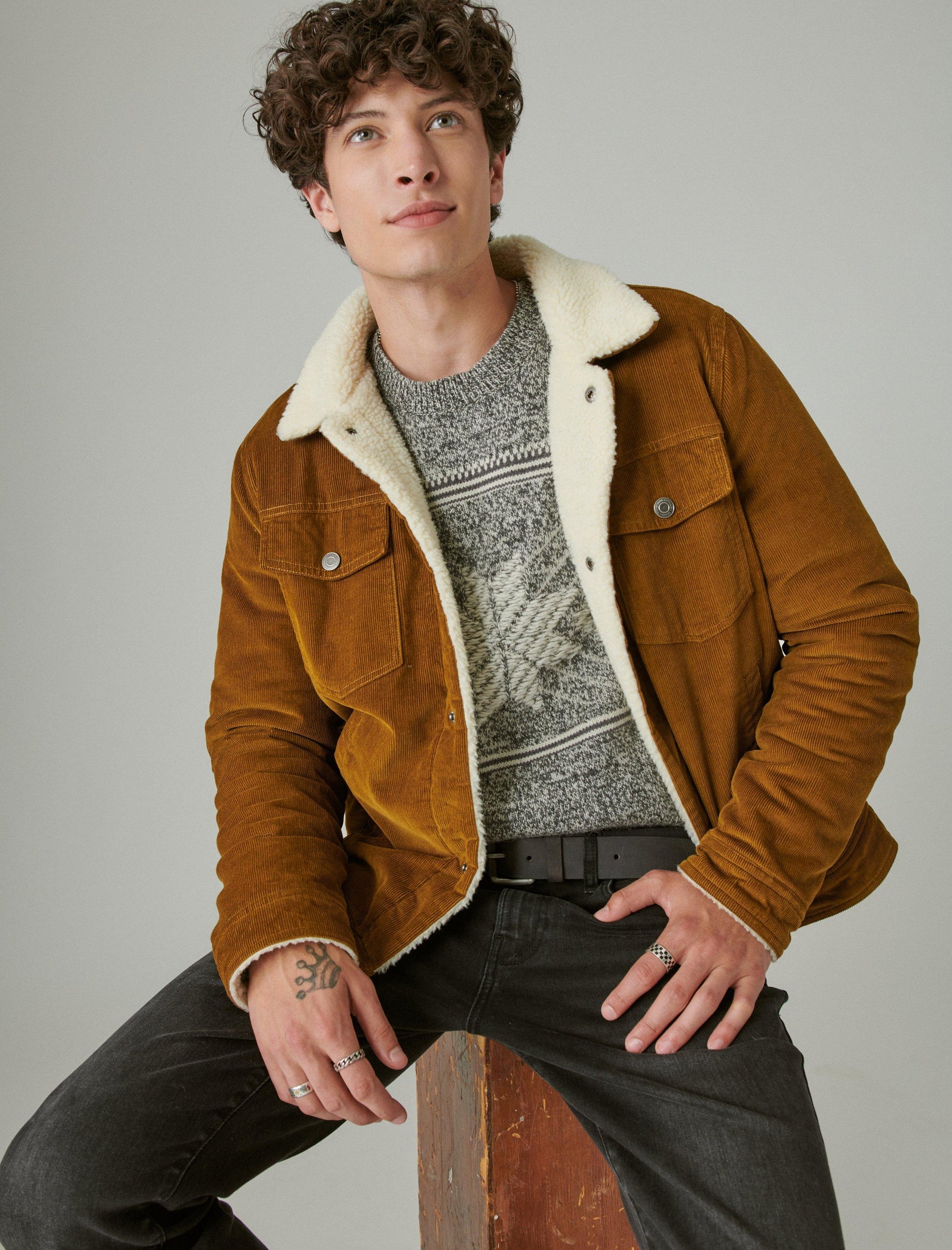 Lucky Brand Faux Shearling Lined Corduroy Trucker Jacket - Men's Clothing Outerwear Jackets Coats Tan
