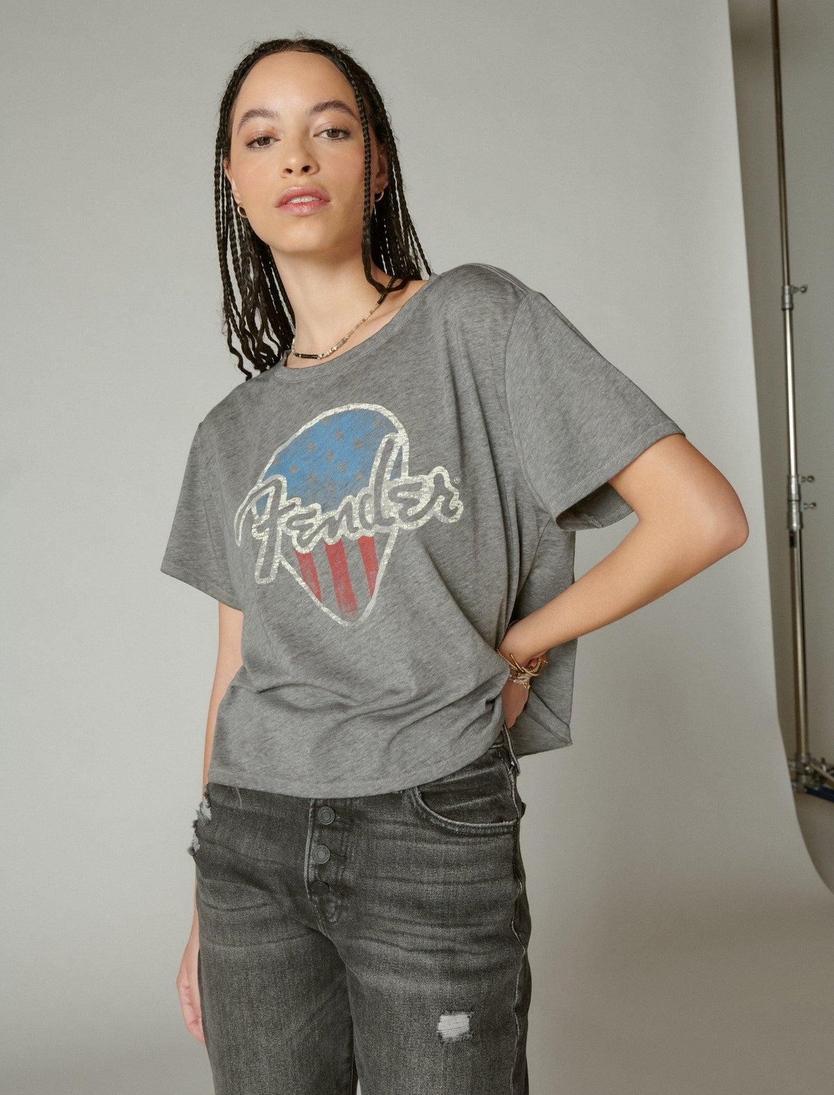 Lucky Brand Fender Pick Crop Tee Asphalt