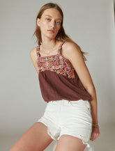 Lucky Brand Floral Embroidered Bubble Tank French Roast