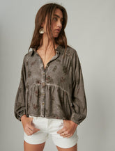 Lucky Brand Floral Printed Overdye Top Grey Multi