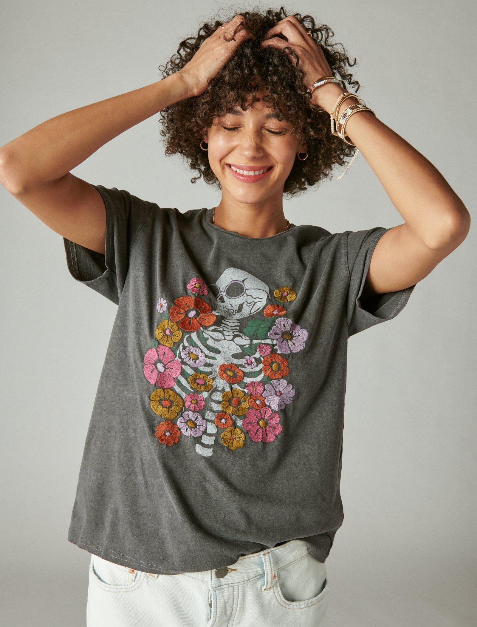 Lucky Brand Flowers And Skeleton Classic Crew - Men's Clothing Tops Crewneck T-Shirt Plum Kitten