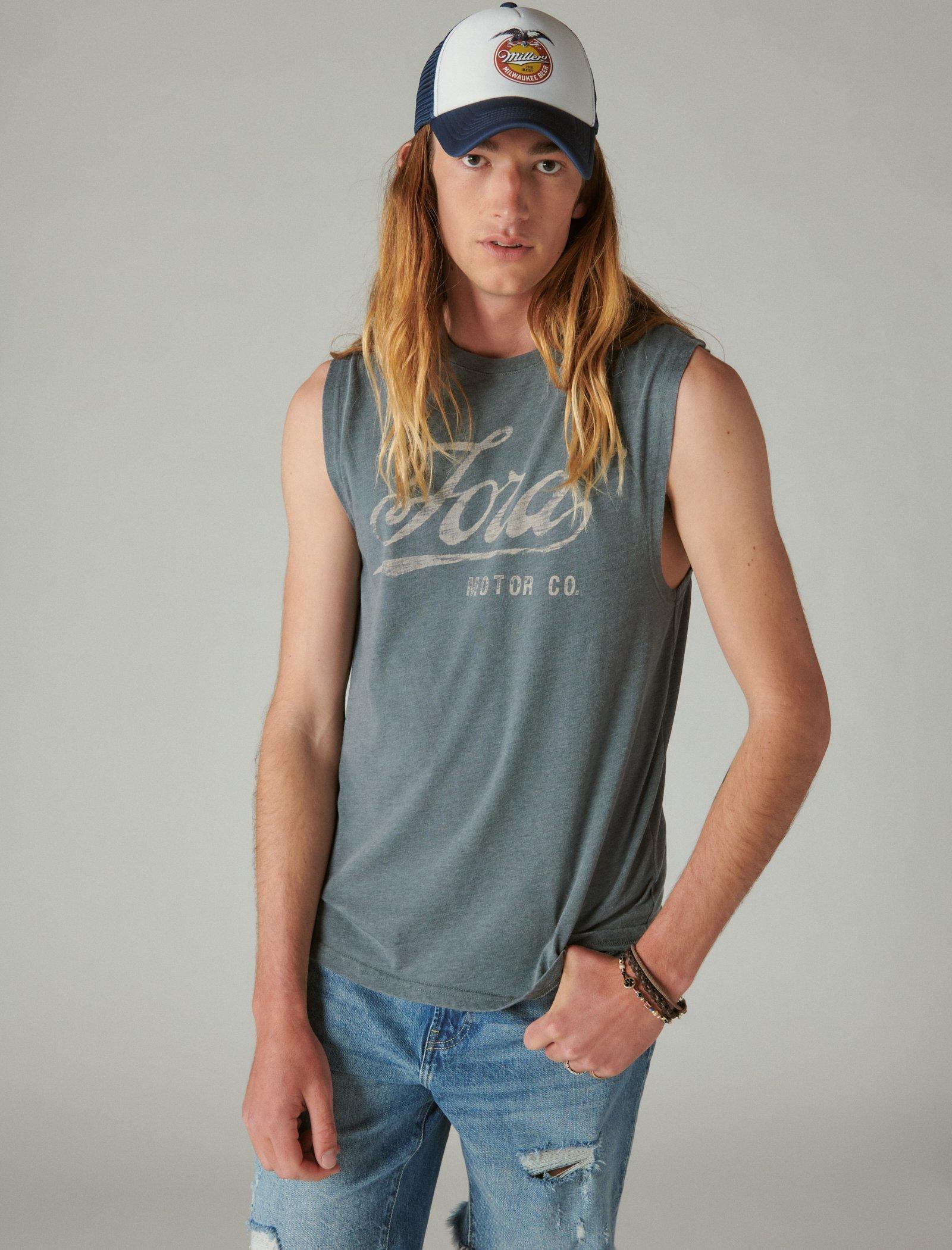 Lucky Brand Ford Script Muscle Tee - Men's Clothing Tops Shirts Tee Graphic T Shirts Dark Slate