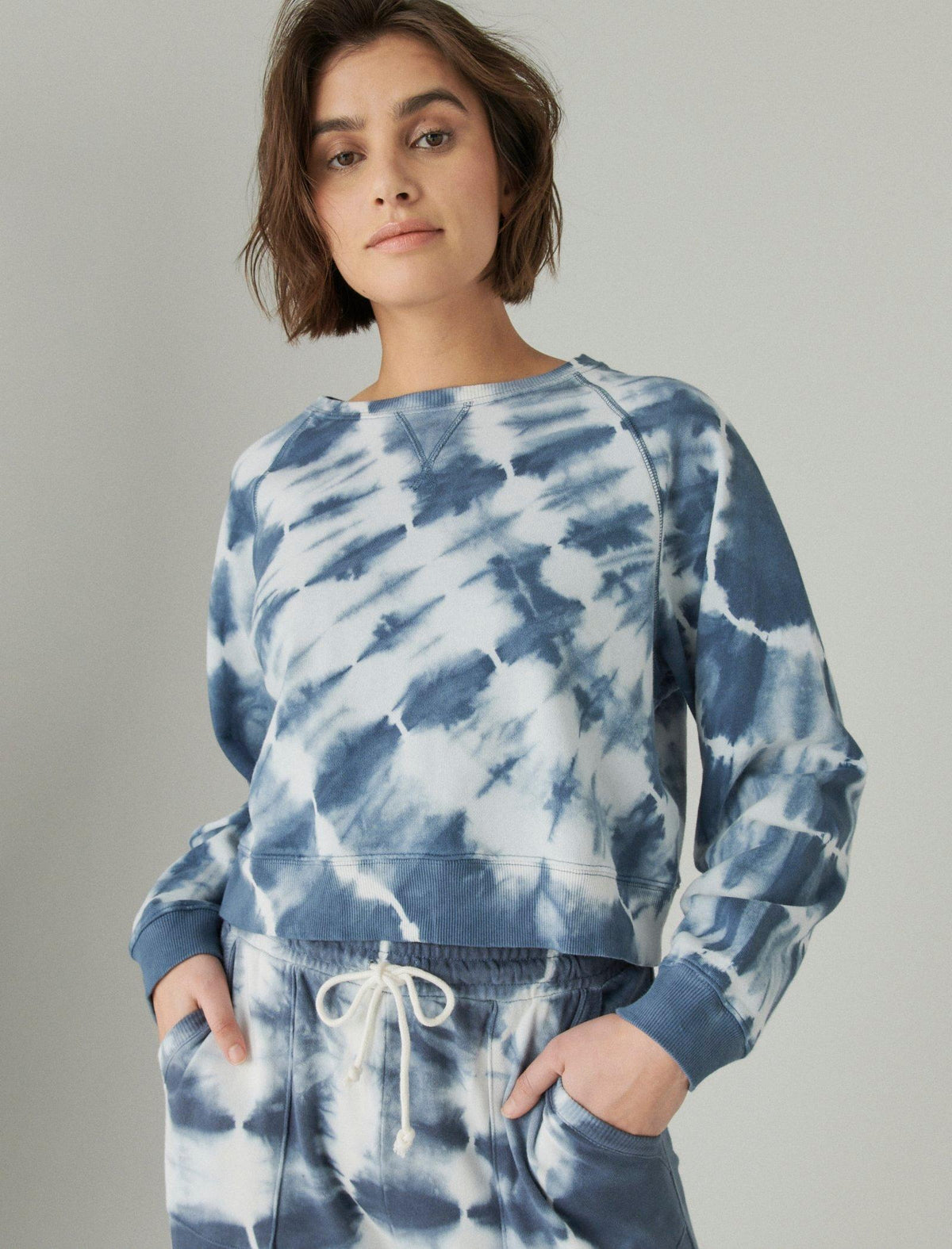 Lucky Brand French Terry Cropped Raglan Crew Navy Tye Dye