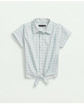 Brooks Brothers Girls Cotton Tie Front Short Sleeve Gingham Shirt Aqua