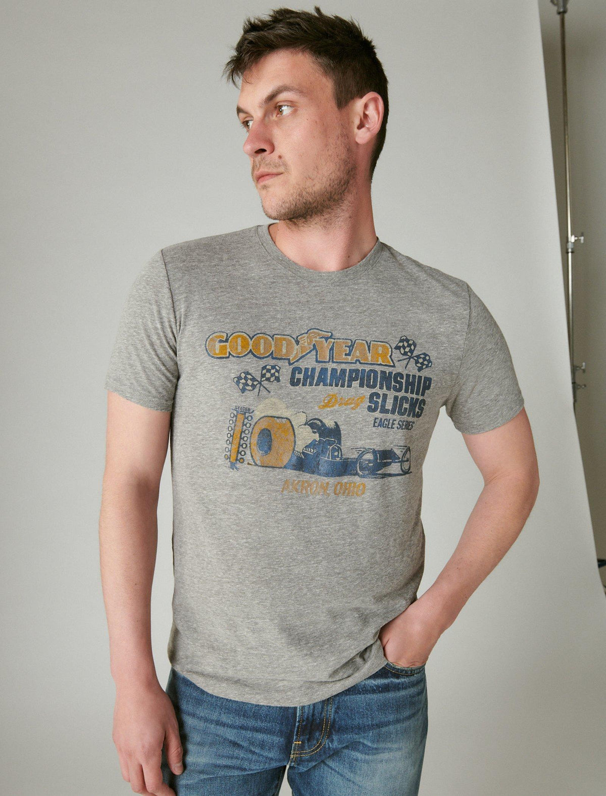 Lucky Brand Goodyear Drag Race Tee Heather Grey