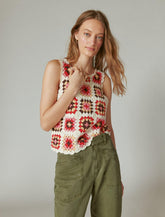 Lucky Brand Granny Square Crochet Vest Red Pink Multi