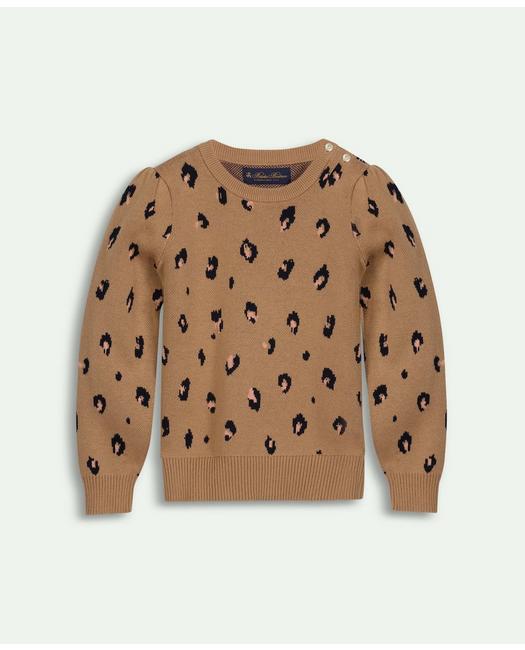 Brooks Brothers Girls Cotton Leopard Intarsia Crewneck Sweater Tan