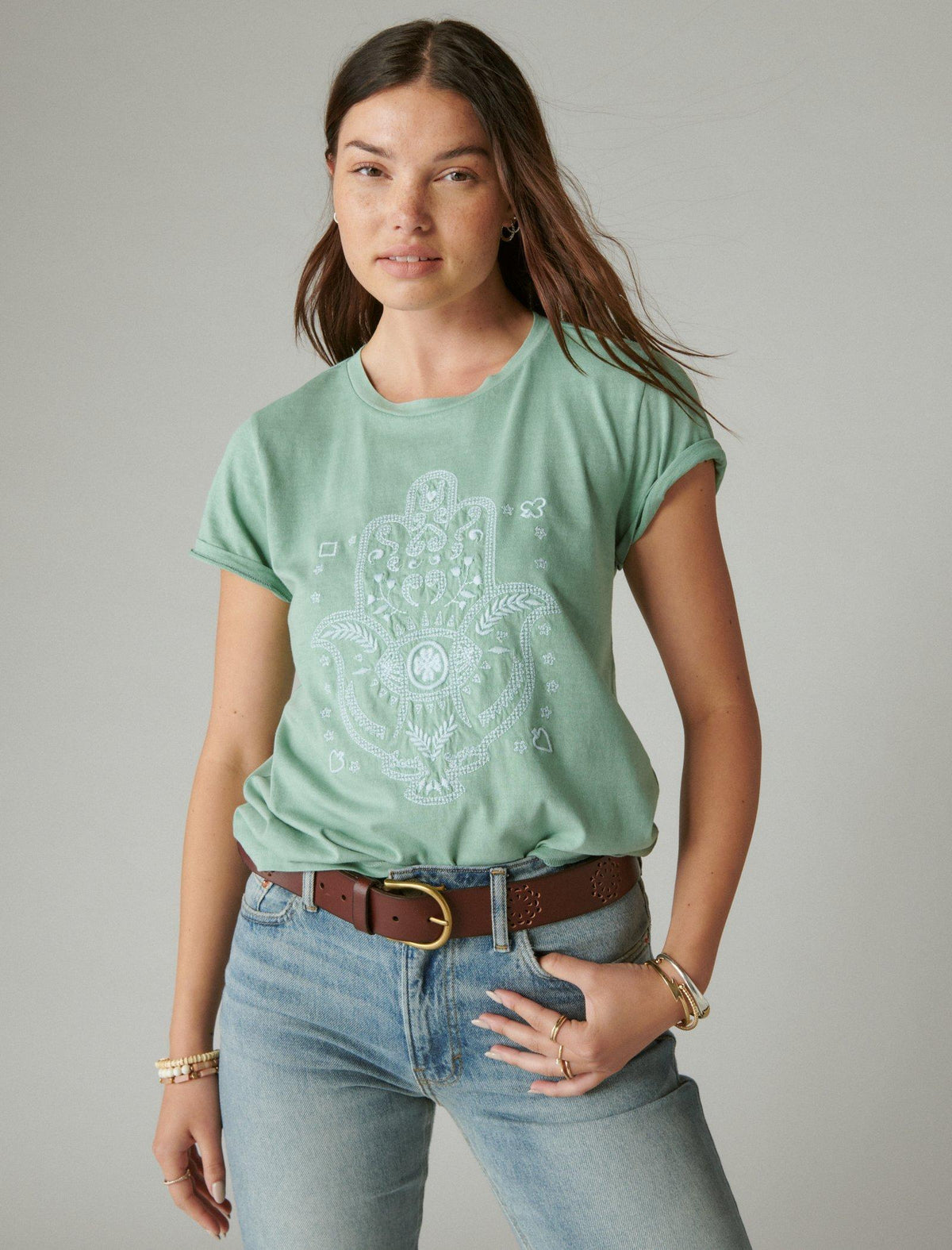 Lucky Brand Hamsa Embroidery Classic Crew - Men's Clothing Tops Crewneck T-Shirt Granite Green
