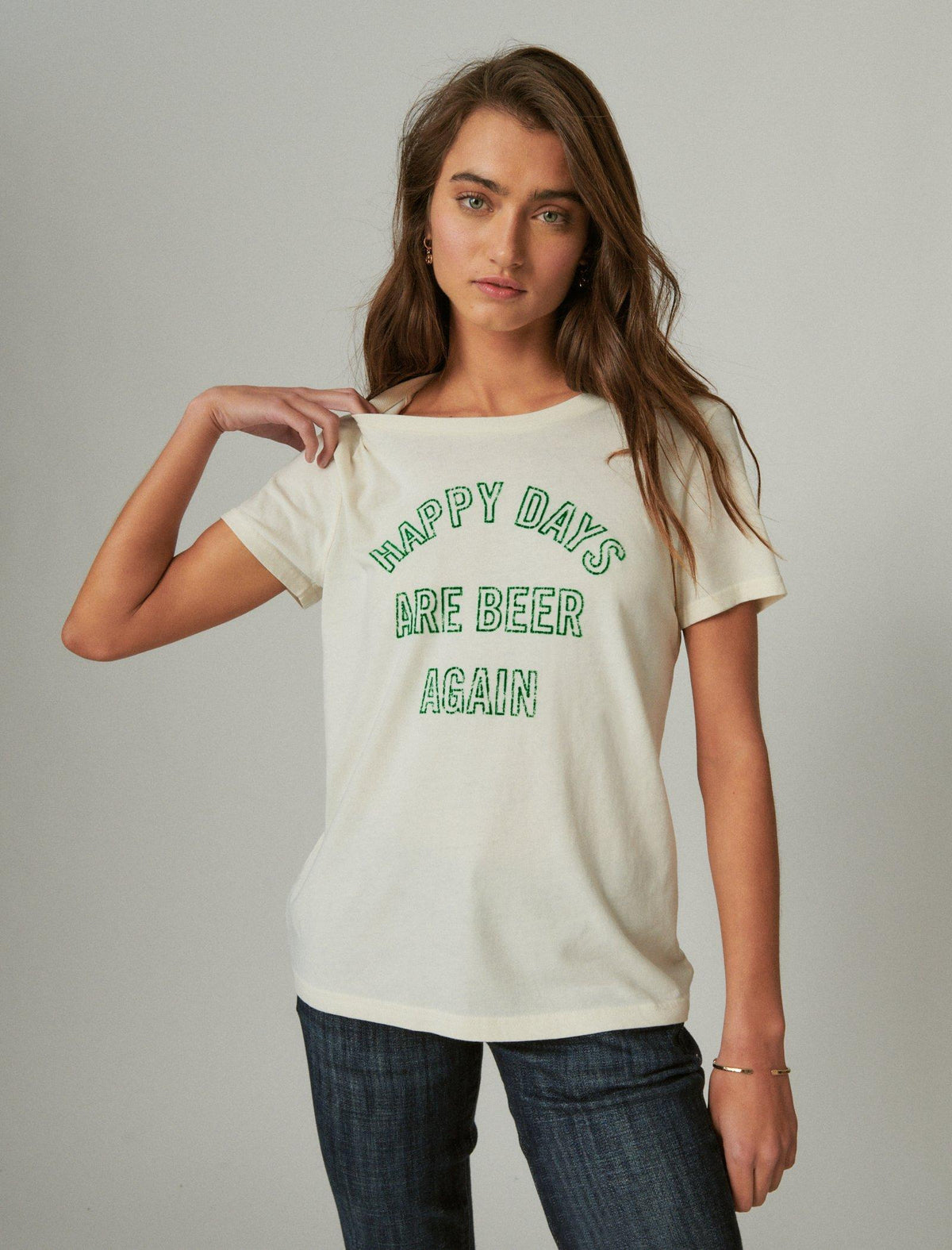 Lucky Brand Happy Days Are Beer Again Crew Tee - Women's Clothing Tops Shirts Tee Graphic T Shirts Snow White