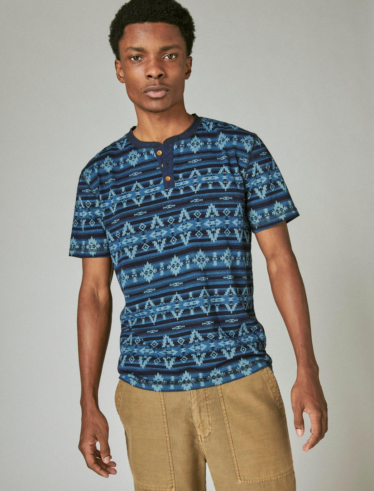 Lucky Brand Indigo Jersey Azetc Print Short Sleeve Henley # 419 Indigo