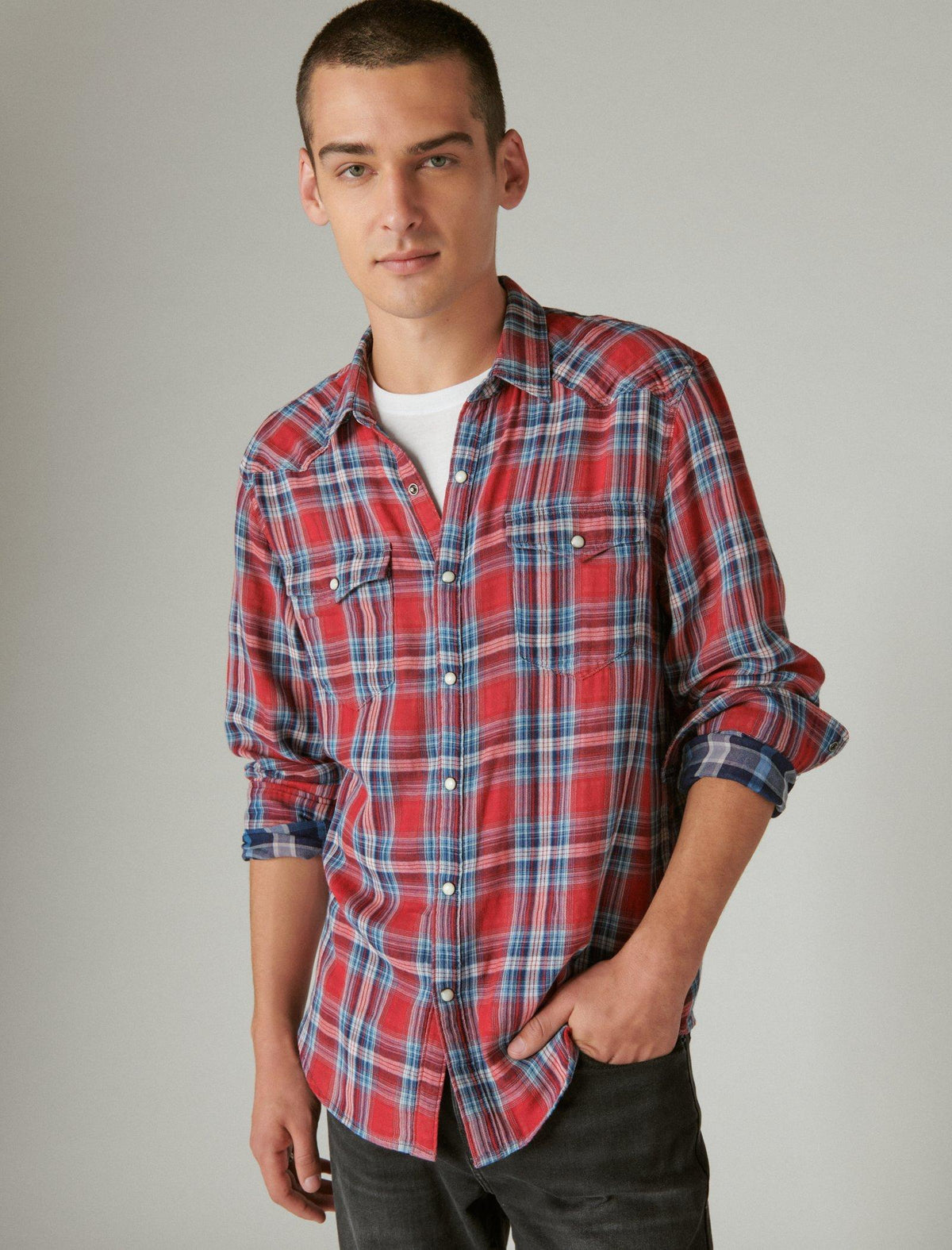 Lucky Brand Indigo Plaid Western Long Sleeve Shirt Red Plaid