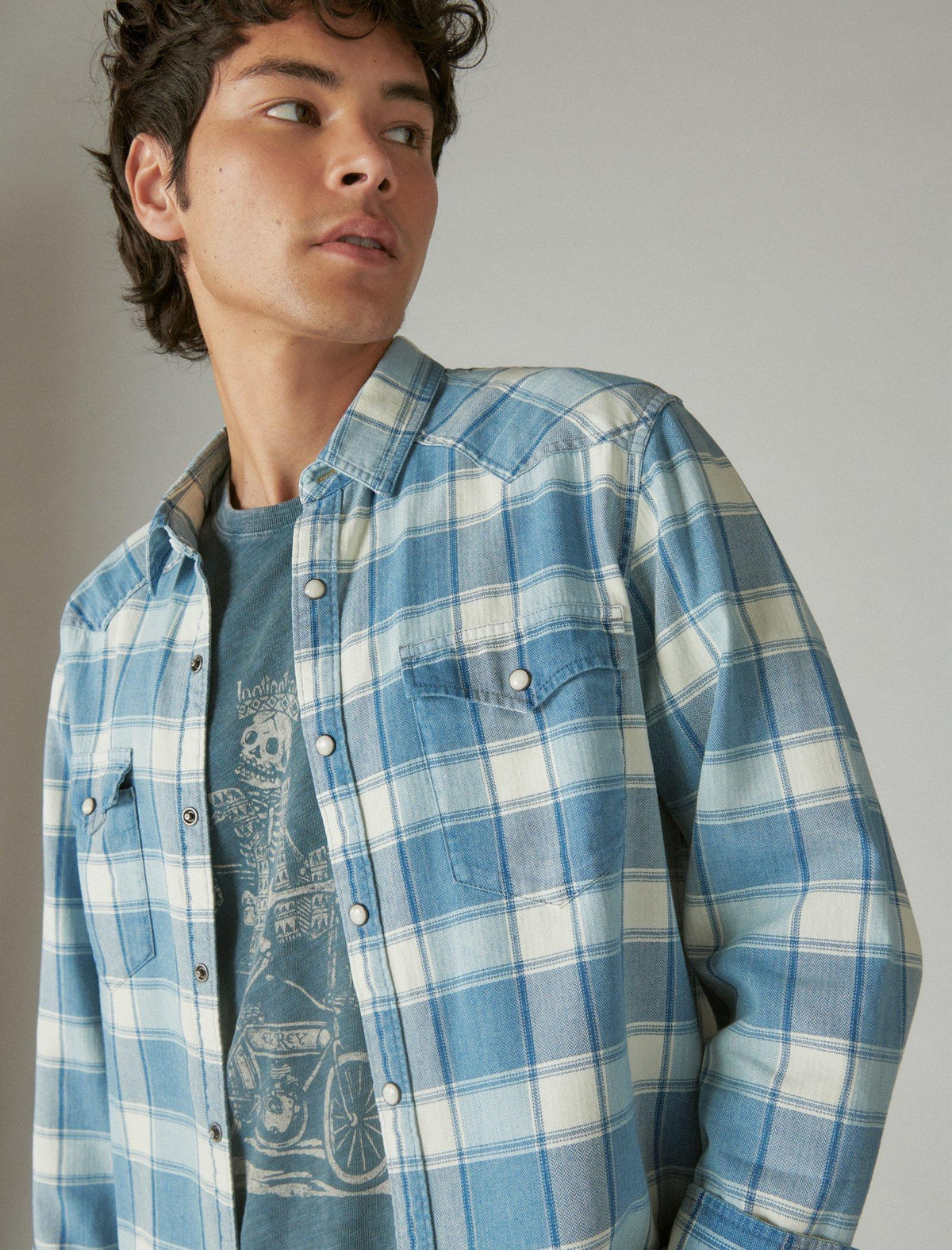 Lucky Brand Western Long Sleeve Shirt Indigo Plaid