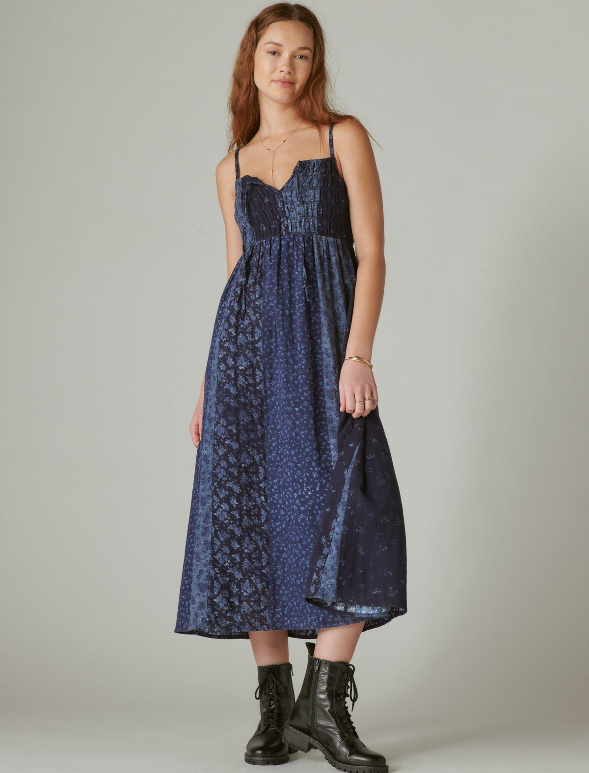 Lucky Brand Floral Print Long Sleeve Tiered Maxi Dress In Raven Multi