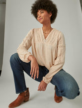 Lucky Brand Inset Lace Long Sleeve Peasant Top Sand Dollar