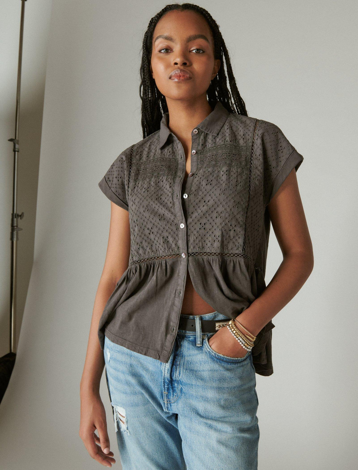 Lucky Brand Lace Button Through Peplum Top Raven