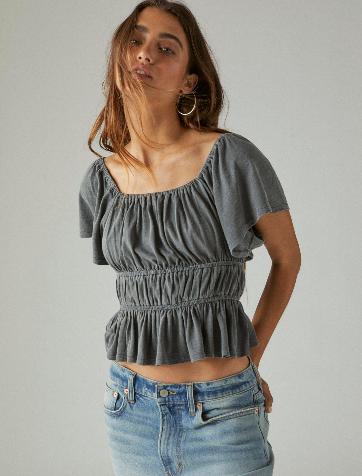 Lucky Brand Lace Up Back Top Washed Black