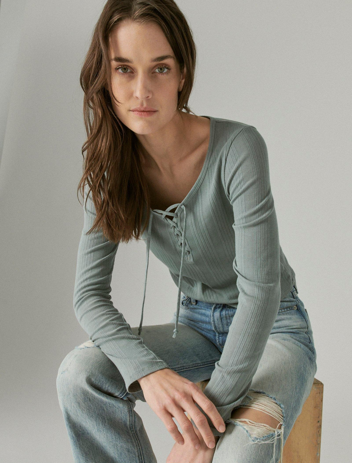 Lucky Brand Lace Up Long Sleeve Top Balsam Green