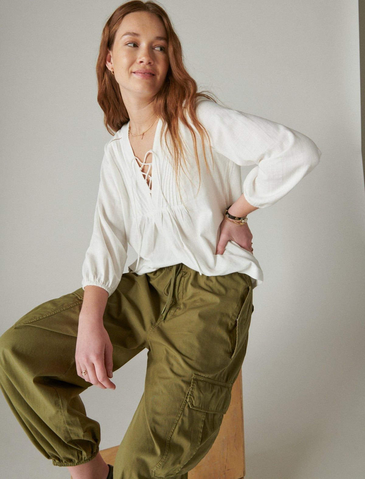 Lucky Brand Lace Up Peasant Blouse Cloud Dancer