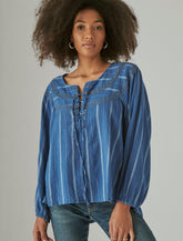 Lucky Brand Lace Up Stripe Tunic Blue Stripe